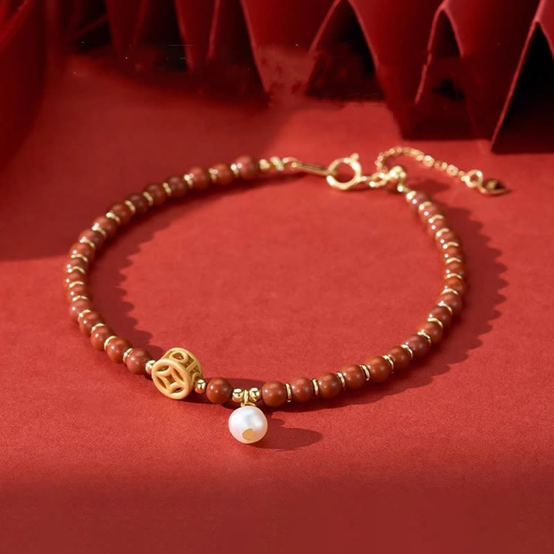 14K Gold Plated Red Agate Confidence Bracelet with Copper Coin