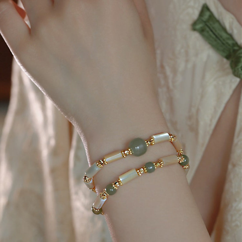 14k Gold Plated Tridacna Stone & Hetian Jade Bamboo Bracelet