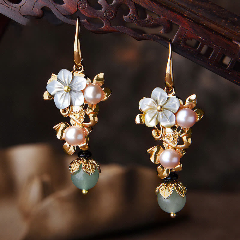 14K Gold Plated Tridacna Stone Pearl Drop Earrings