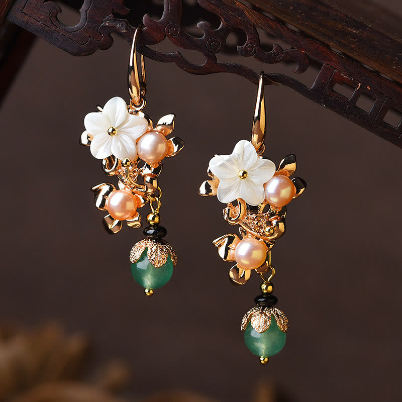 14K Gold Plated Tridacna Stone Pearl Drop Earrings