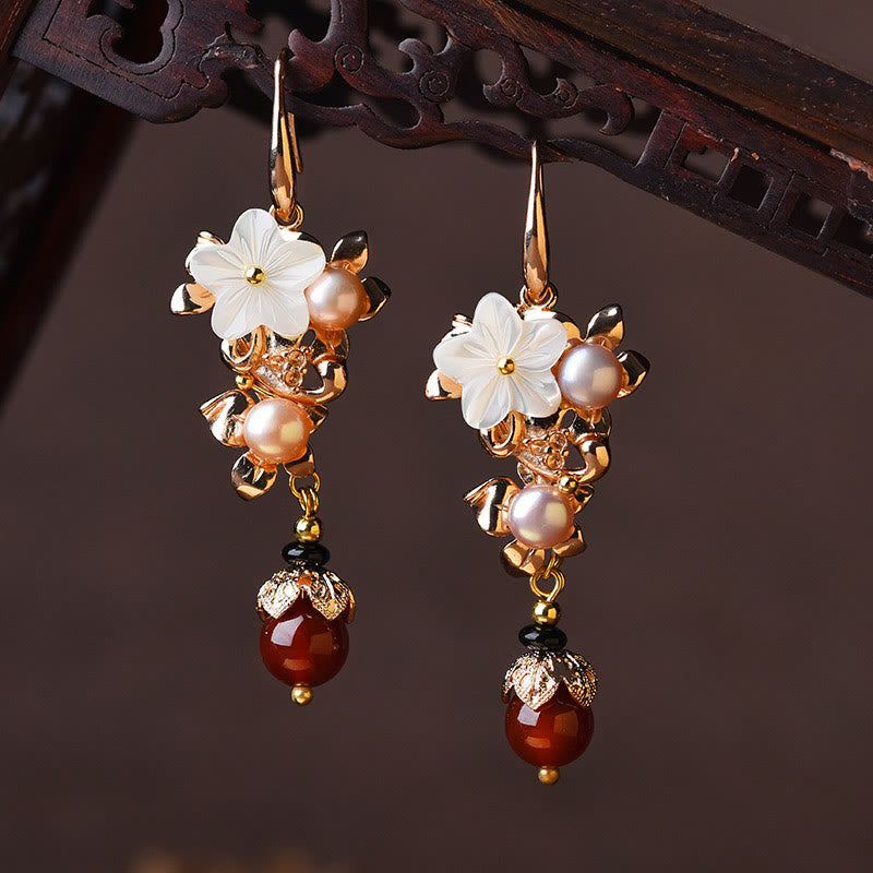 14K Gold Plated Tridacna Stone Pearl Drop Earrings