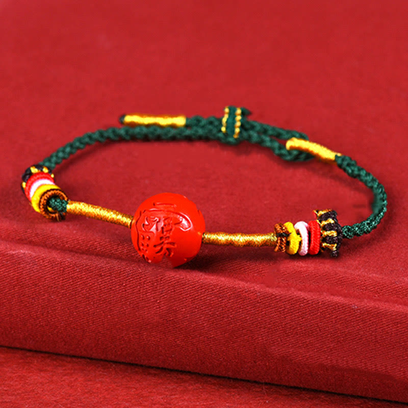 14mm Cinnabar Blessing Bracelet with Green String for Balance