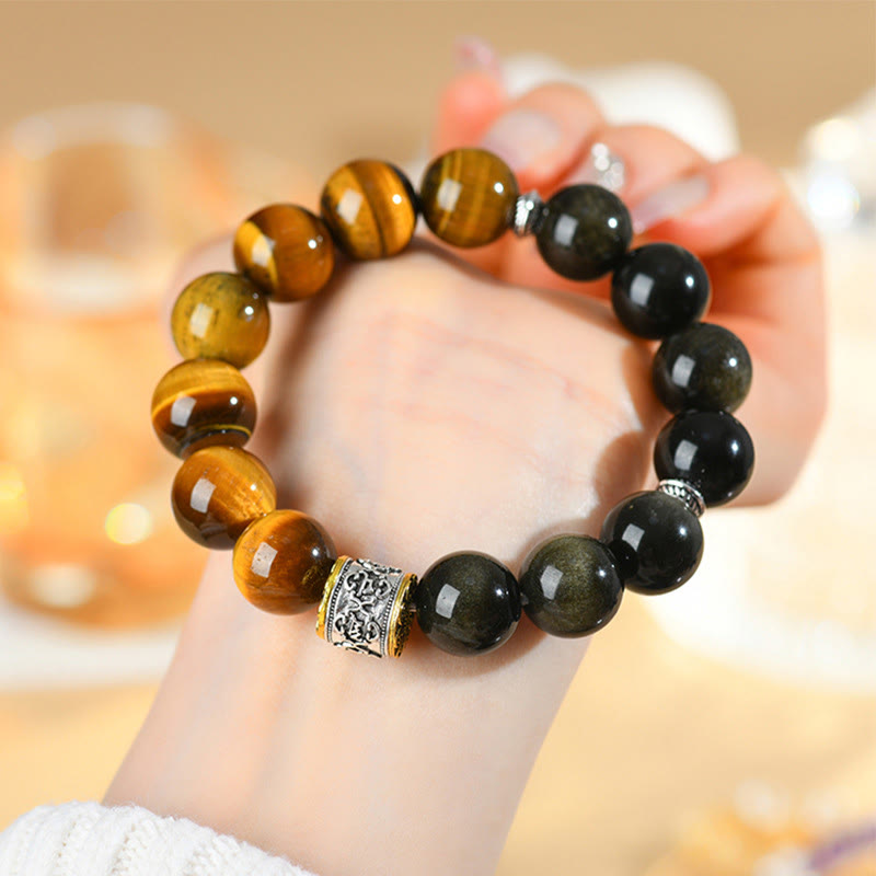 15-17cm Om Mani Padme Hum Tiger Eye Gold Sheen Obsidian Bracelet