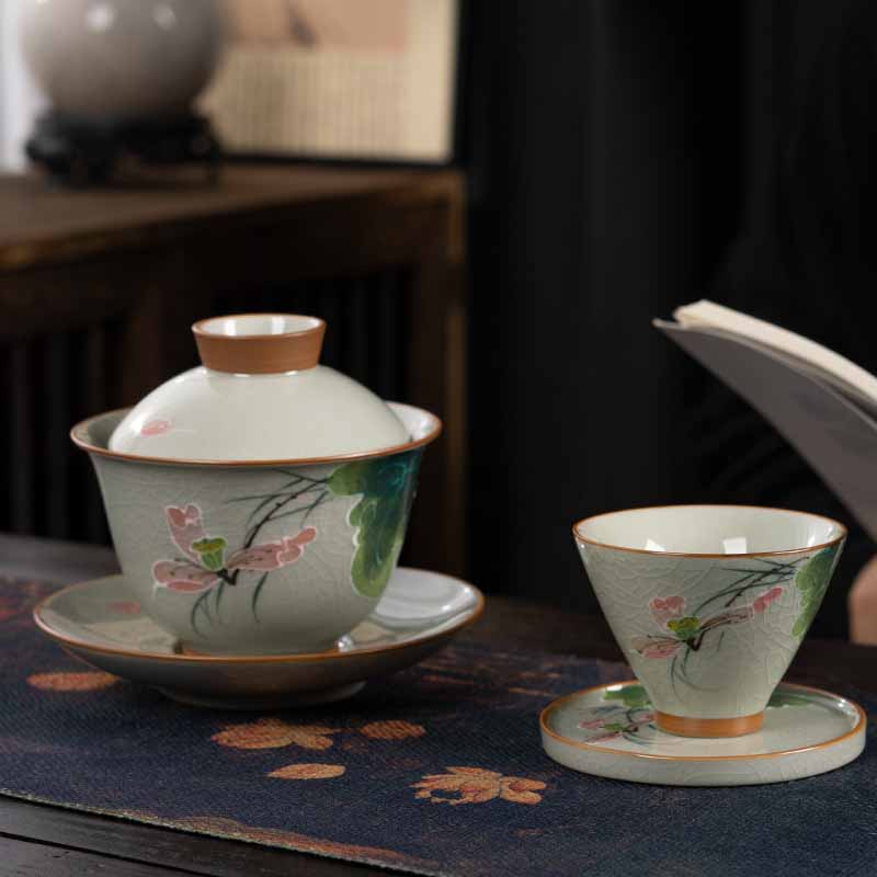 Zen Ceramic Lotus Koi Fish Gaiwan Teacup 140ml