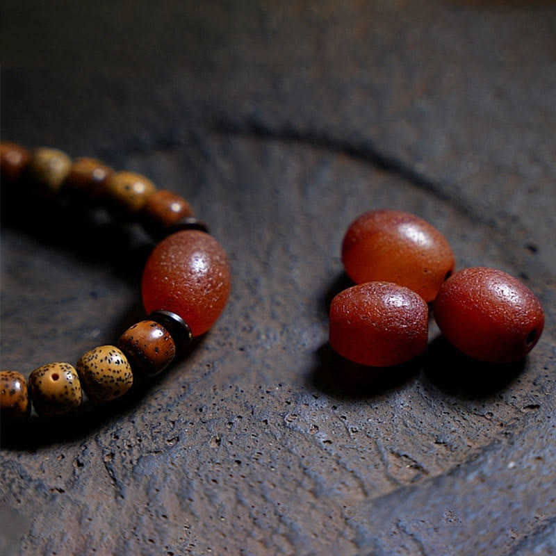 Triple Wrap Agate Bracelet with Bodhi Seed & Amber Beads
