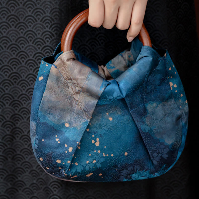 Blue Handmade Jacquard Flower Wooden Handle Bag 23cm