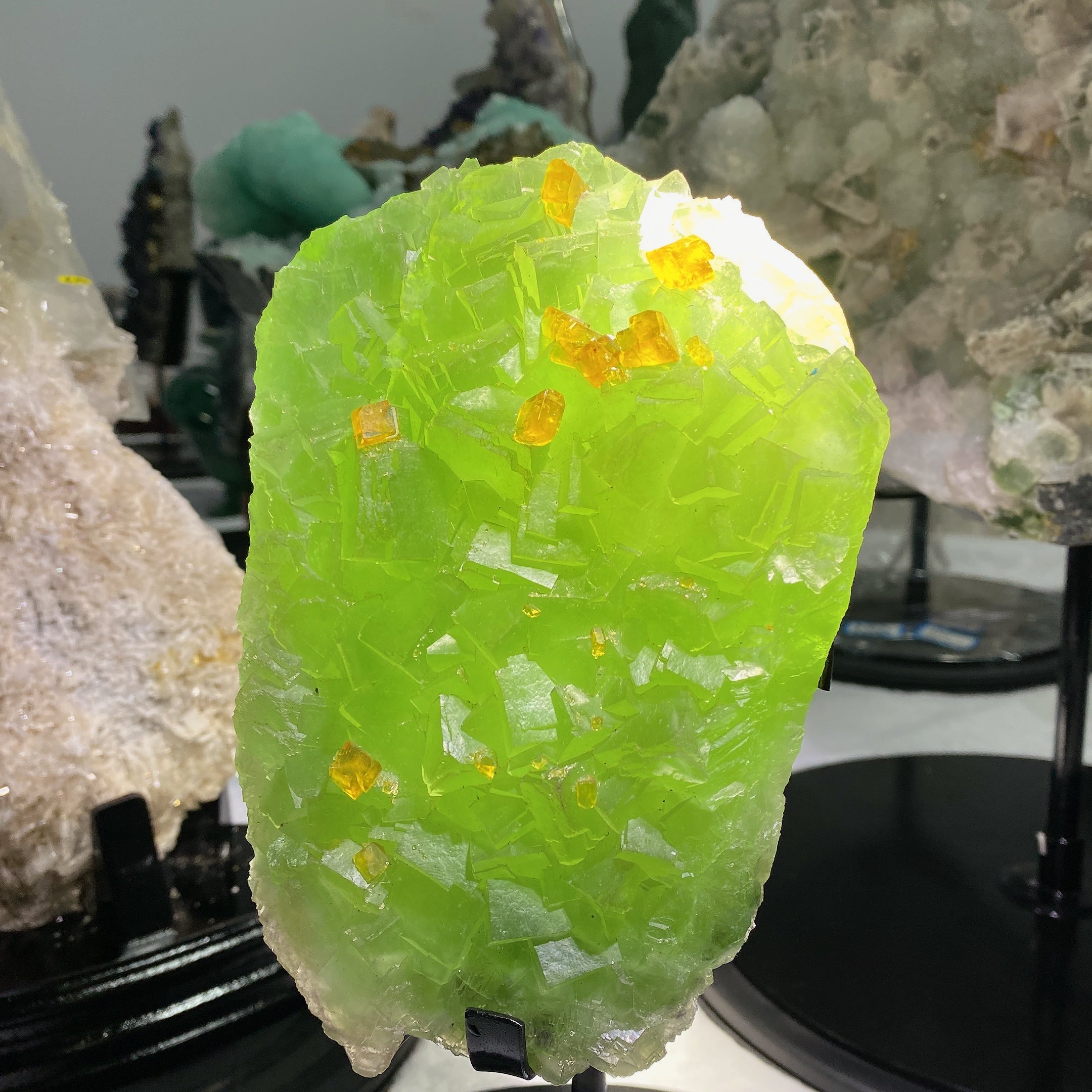 15cm Green Fluorite Crystal Specimen with Barite on Stand