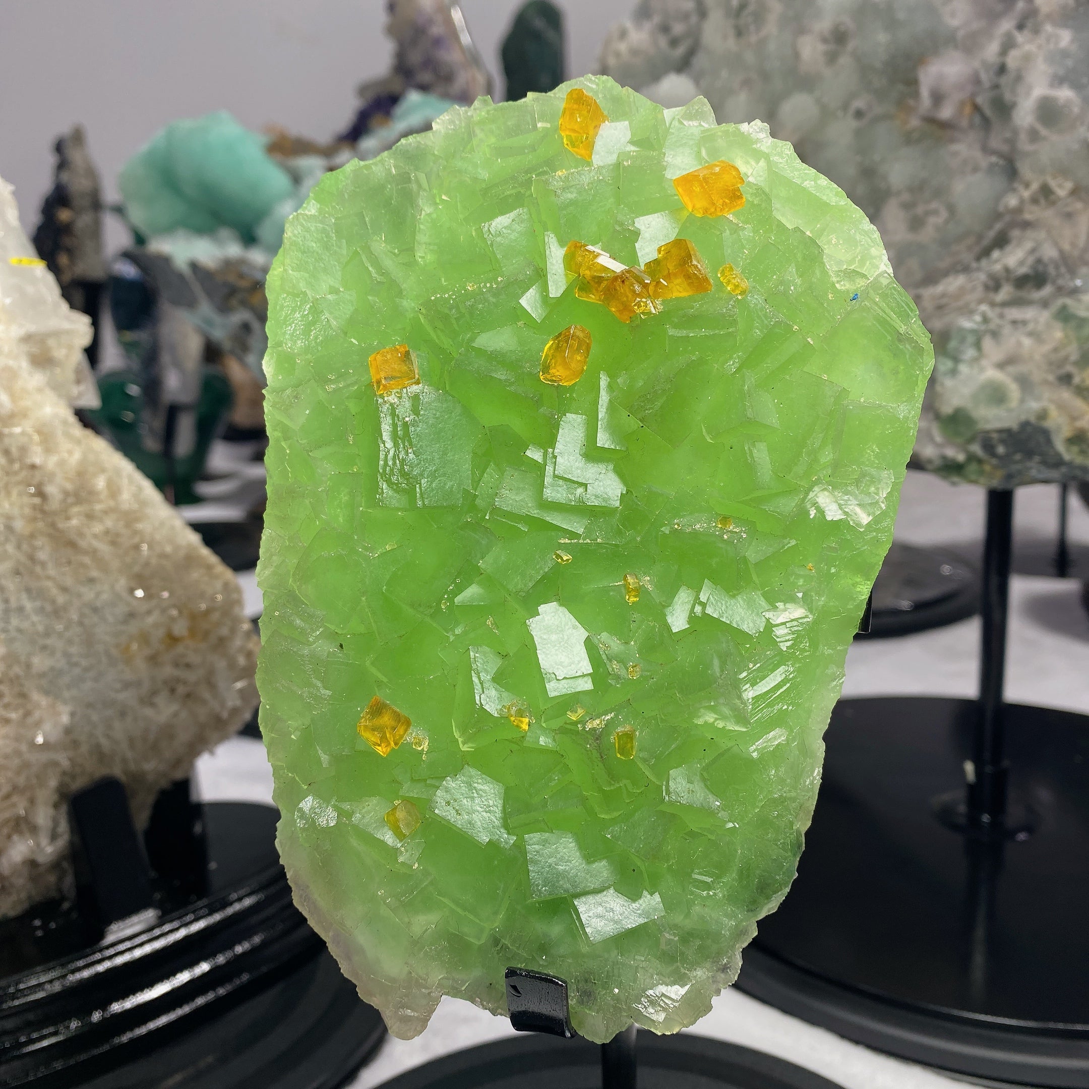 15cm Green Fluorite Crystal Specimen with Barite on Stand