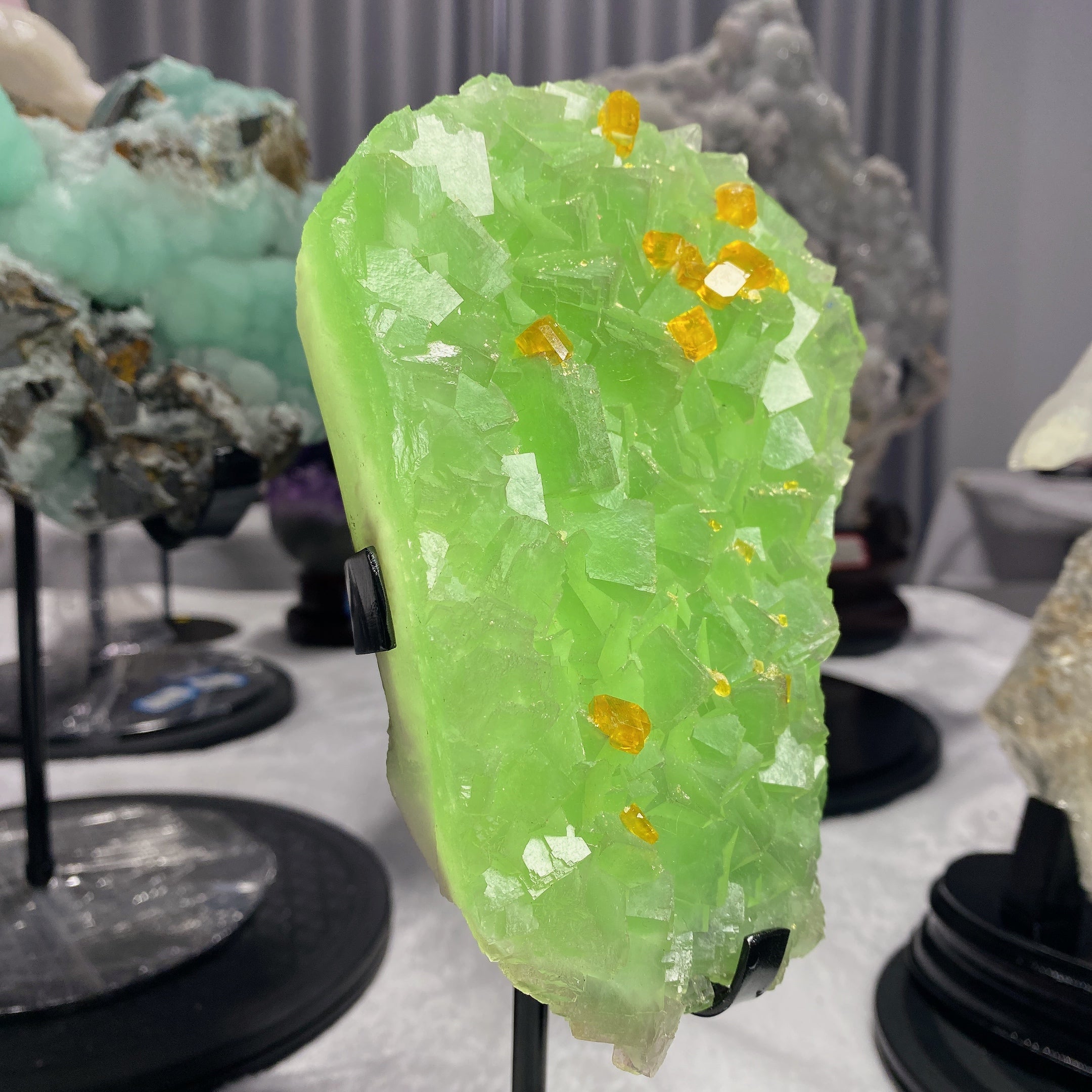 15cm Green Fluorite Crystal Specimen with Barite on Stand