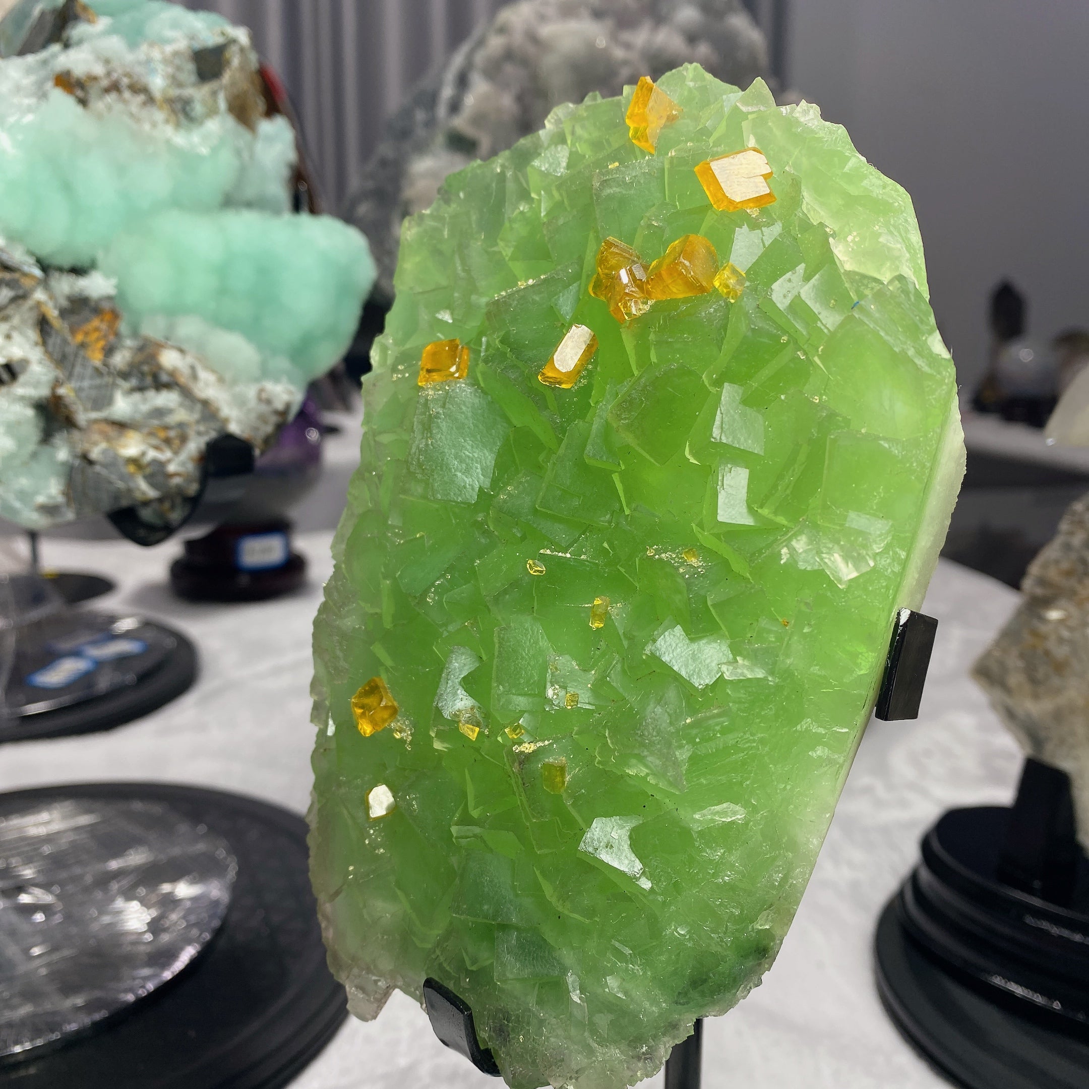 15cm Green Fluorite Crystal Specimen with Barite on Stand