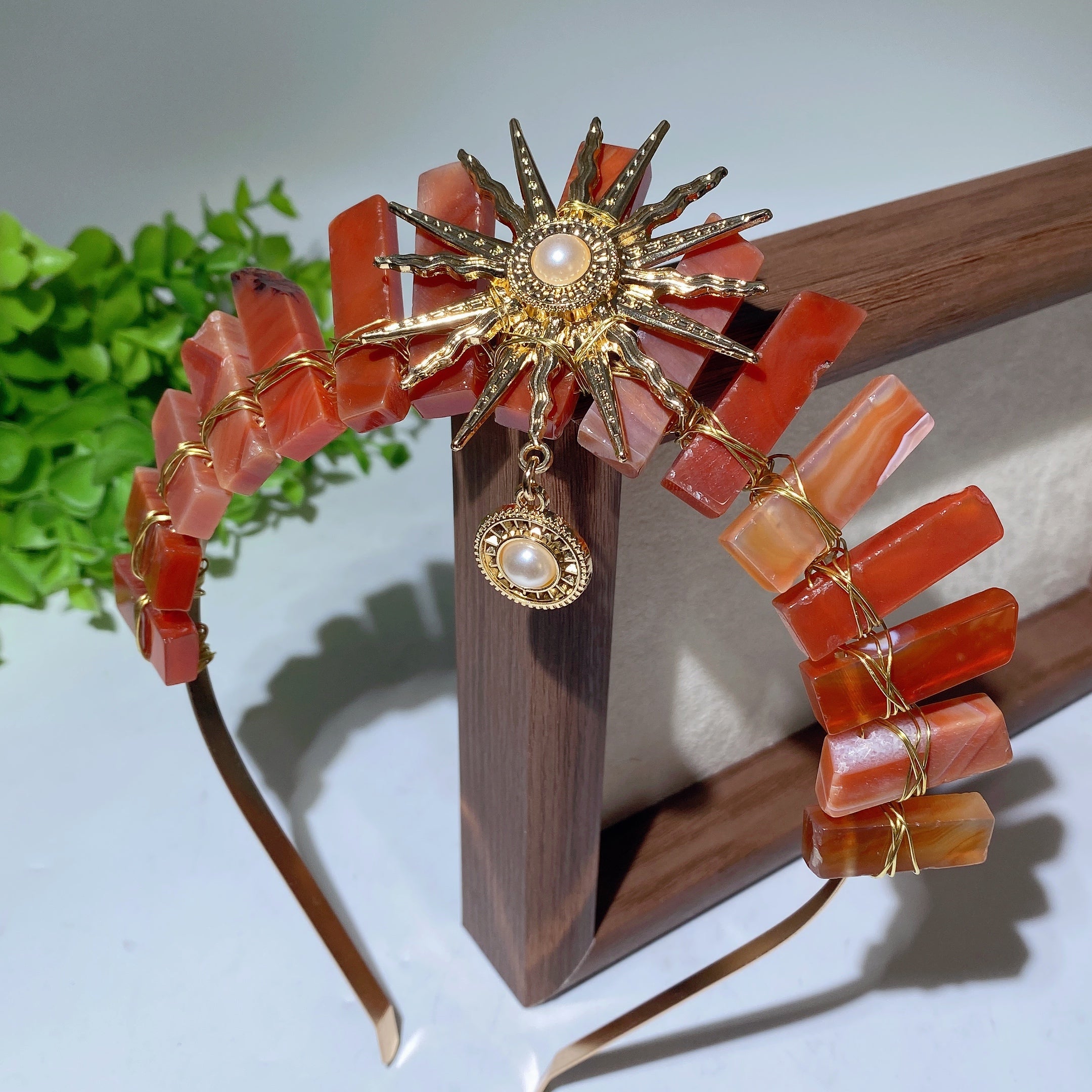 15cm Mixed Aura Crystal Healing Crown with Pearl Sun