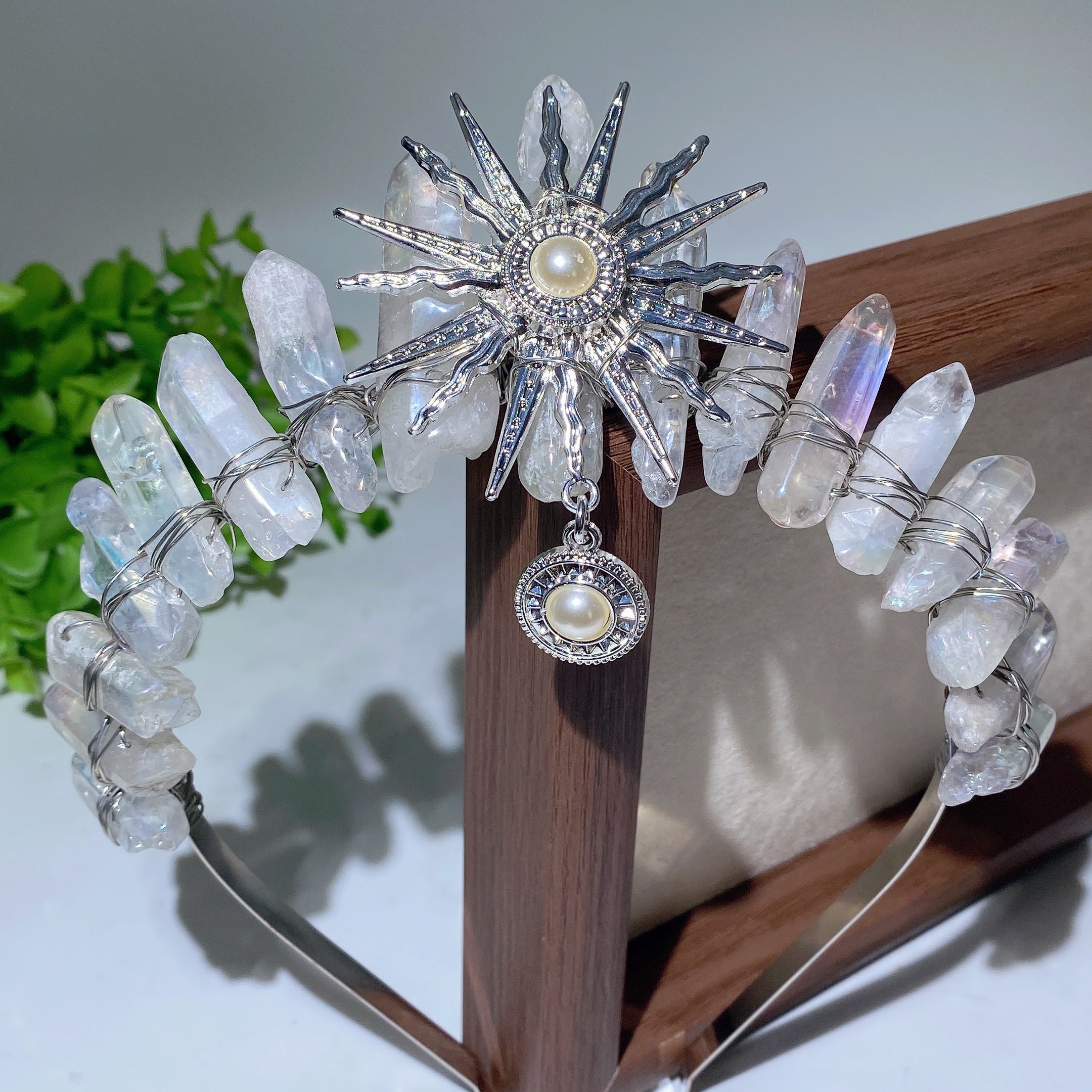 15cm Mixed Aura Crystal Healing Crown with Pearl Sun