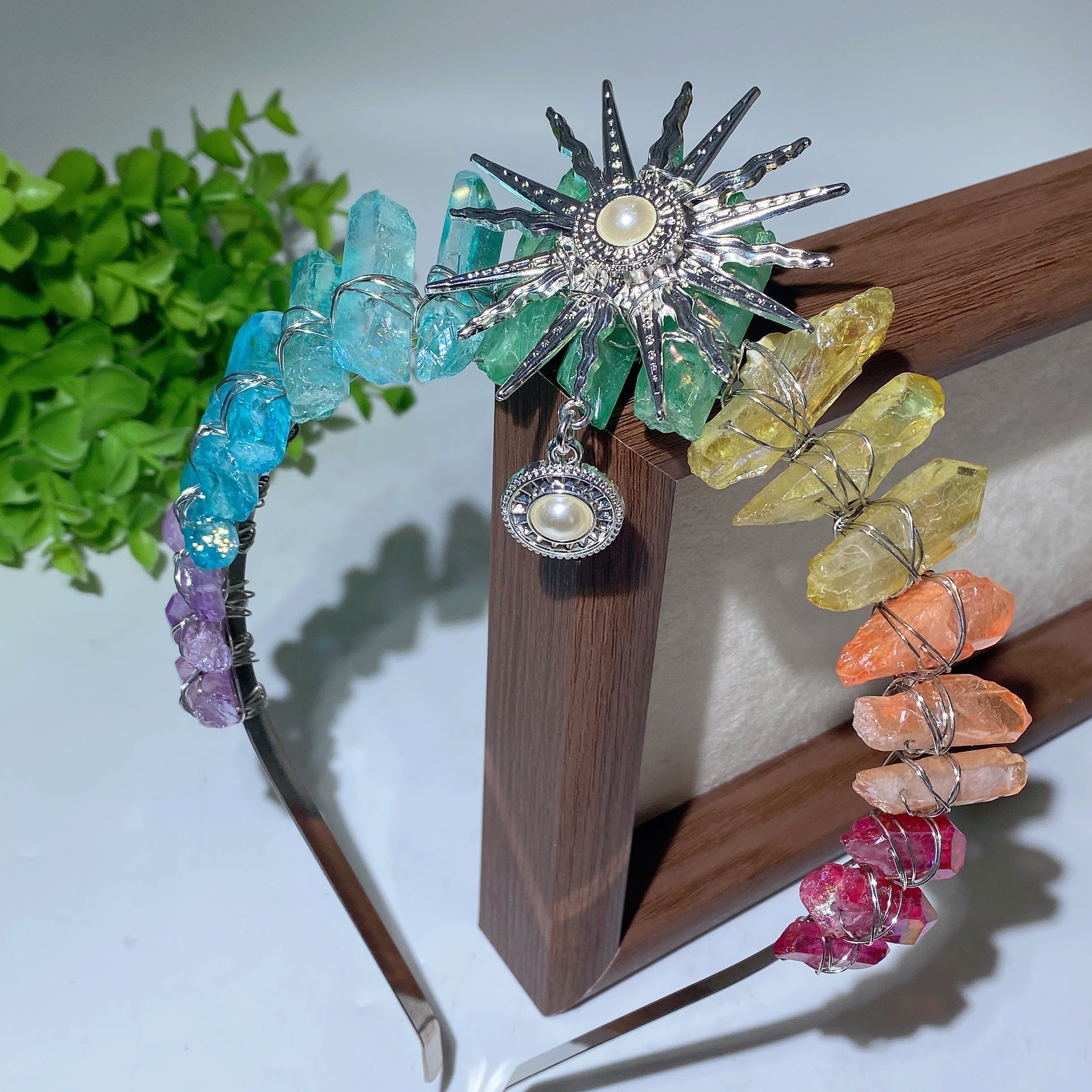 15cm Mixed Aura Crystal Healing Crown with Pearl Sun