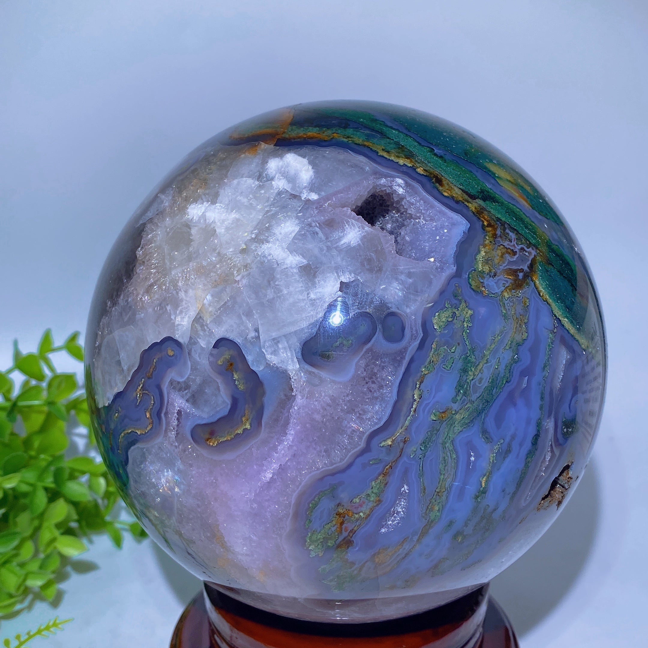 16.5cm Druzy Moss Agate & Calcite UV Reactive Crystal Sphere