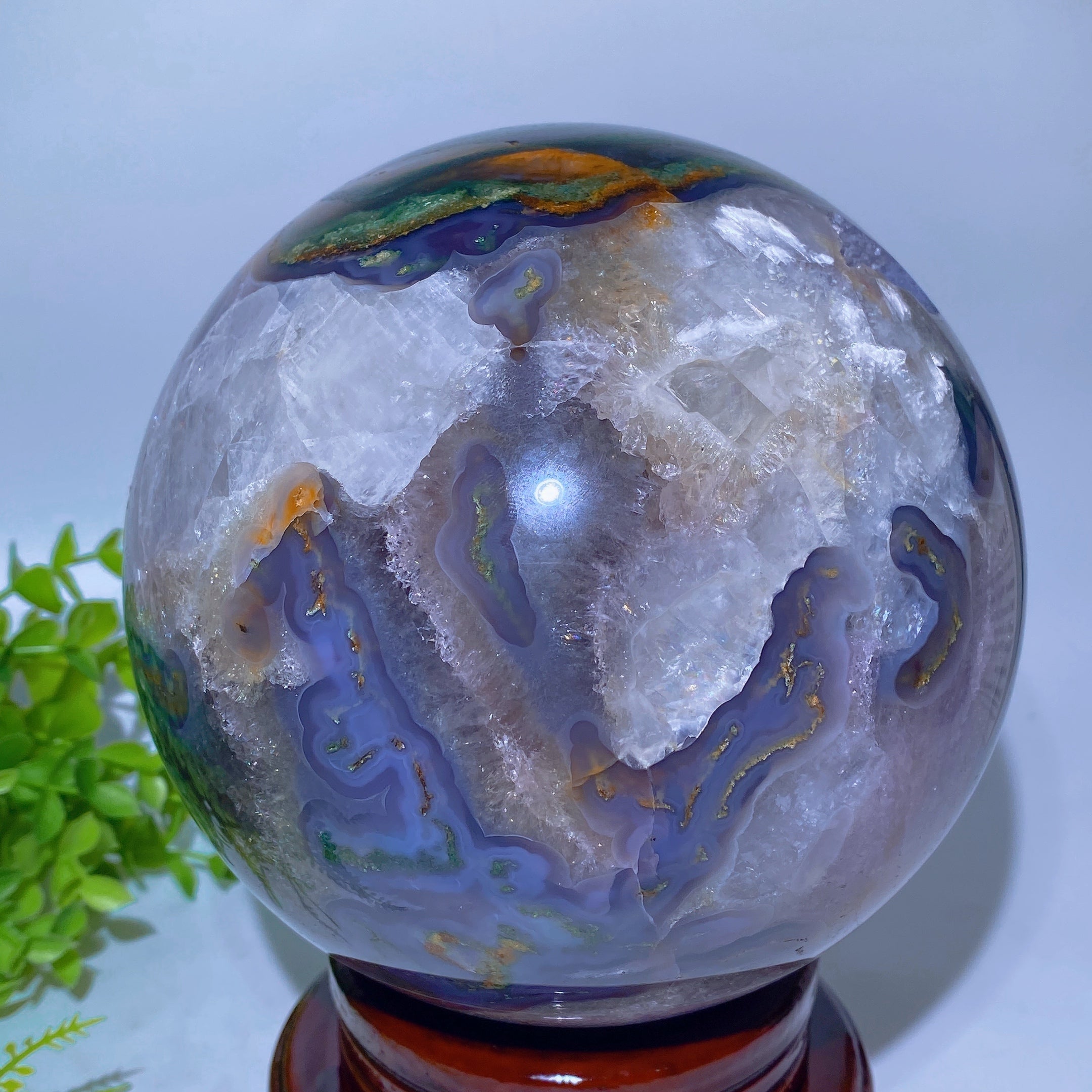 16.5cm Druzy Moss Agate & Calcite UV Reactive Crystal Sphere