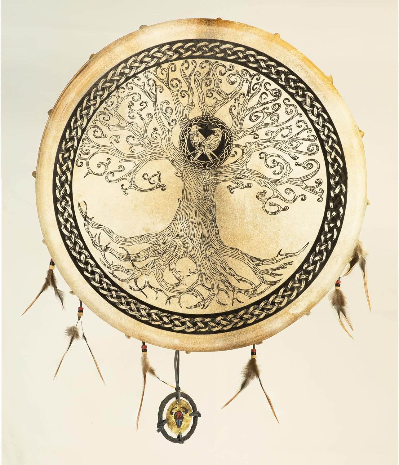 Celtic Tree of Life dreamcatcher with feathers on 16 inch Shamanic Goat Skin Frame Drum