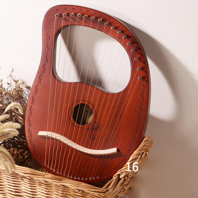 Wooden 16-String Lyre Harp with Reddish-Brown Finish and Butterfly Design