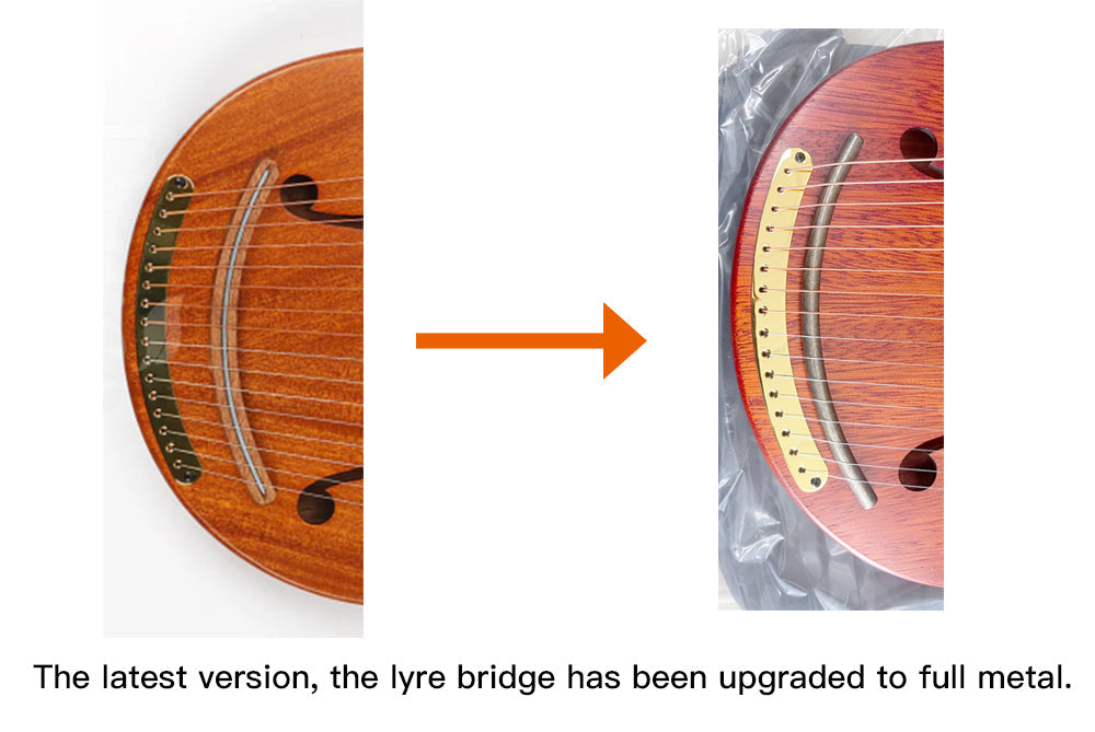 Musical lyre bridge upgrade from wood to metal on 16-String Mahogany Lyre Harp Instrument