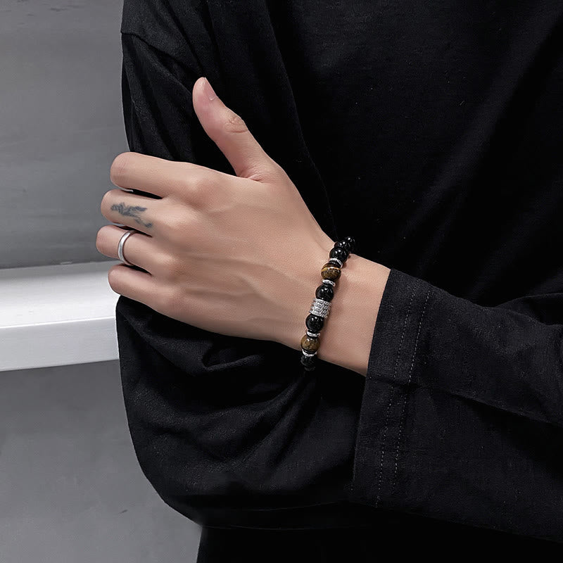 Obsidian Bracelet 10mm with Tiger Eye for Strength & Balance