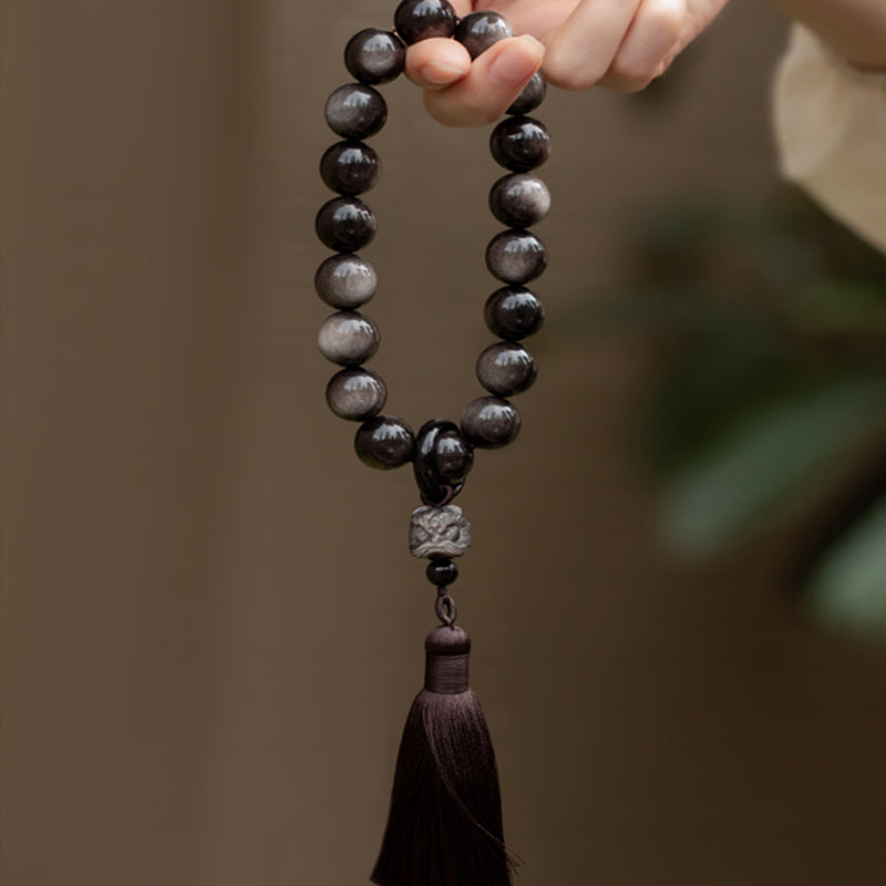 16mm Silver Sheen Obsidian Lion Wrist Mala for Protection & Wisdom