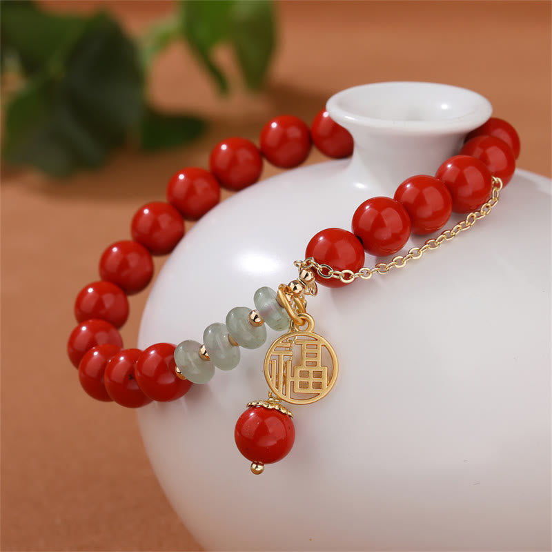 8mm Jade Bracelet with Cinnabar & Fu Character Symbol