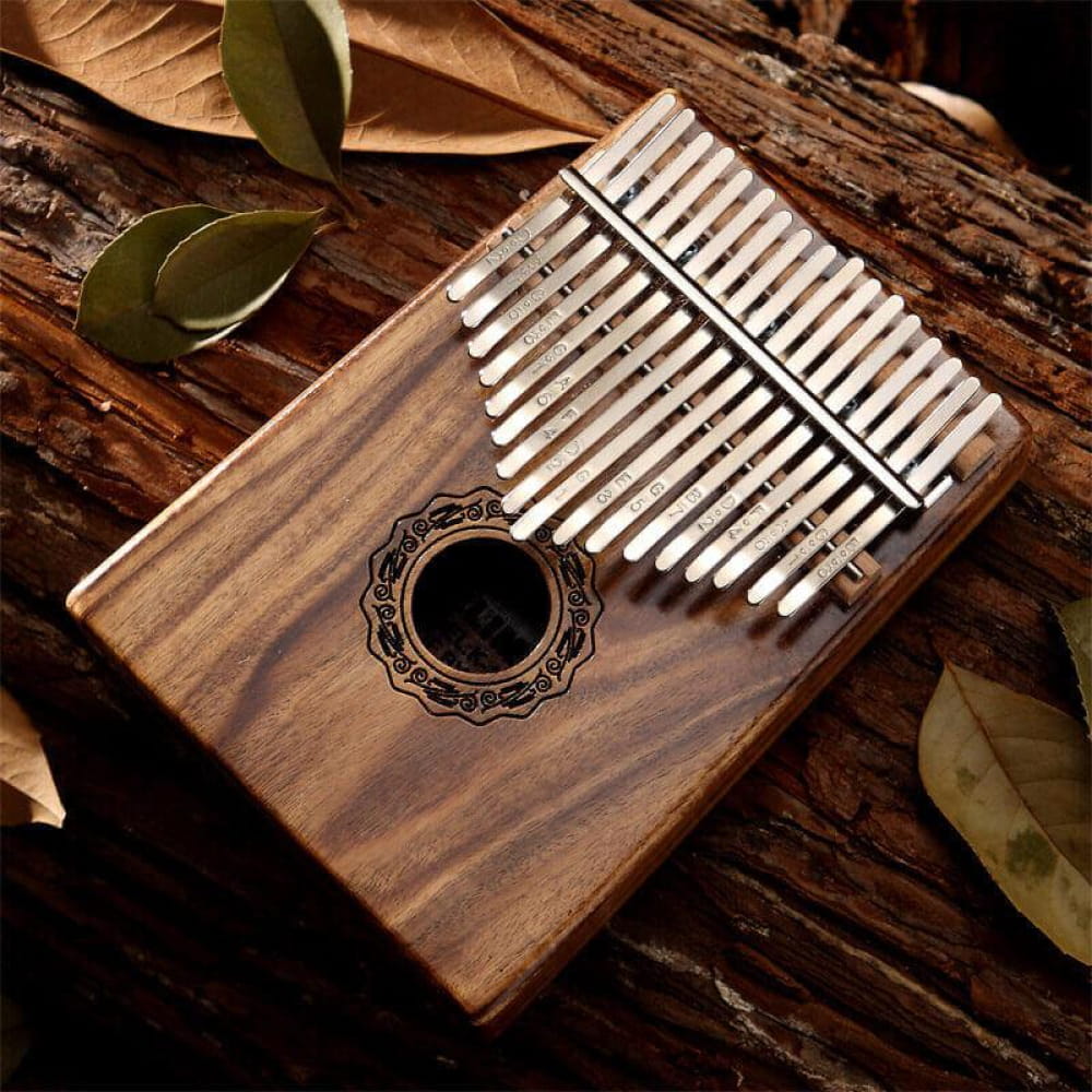 17 Key Acacia Kalimba Thumb Piano with metal tines and decorative sound hole
