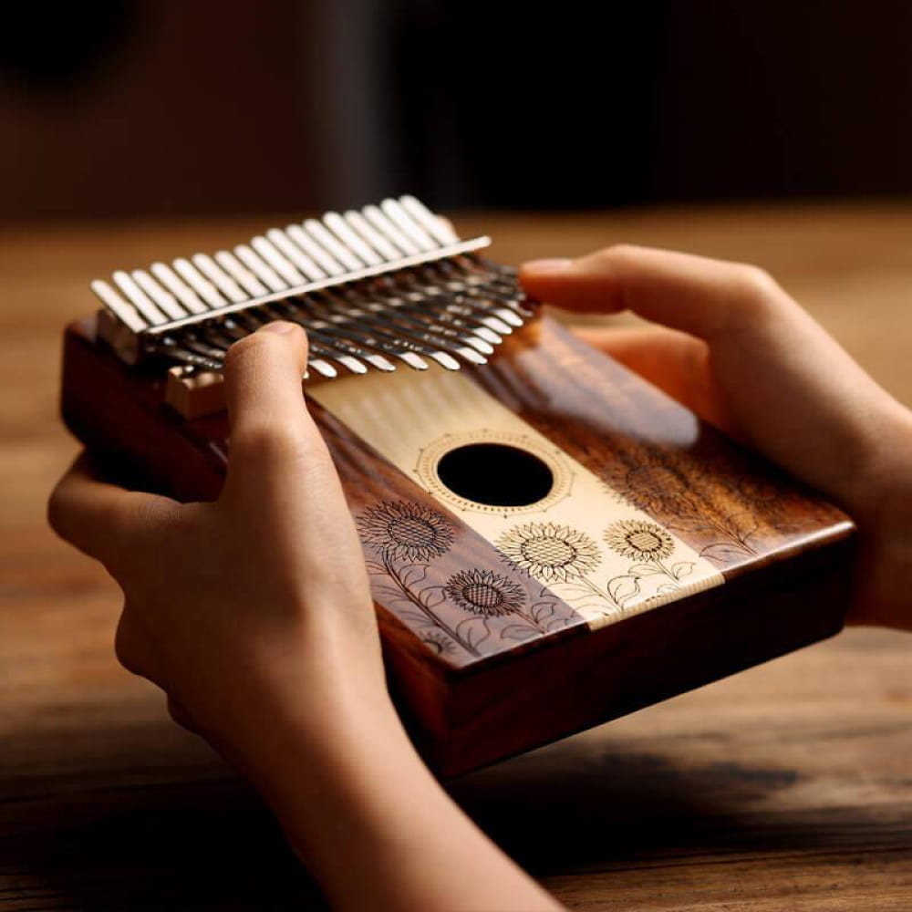 Wooden Kalimba thumb piano with floral engravings, 17 Key Acacia & Maple design