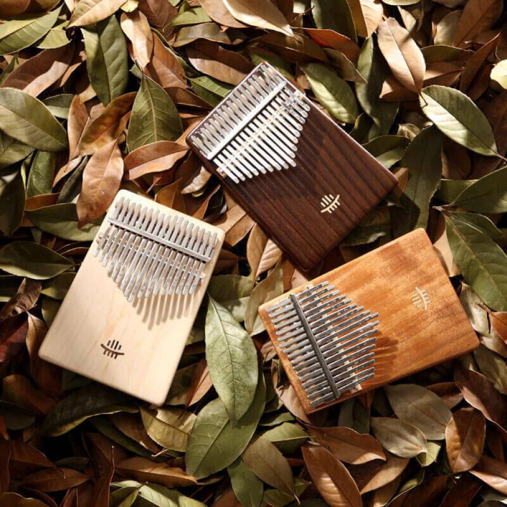 Three Kalimbas with wooden bodies and metal tines for meditation and relaxation