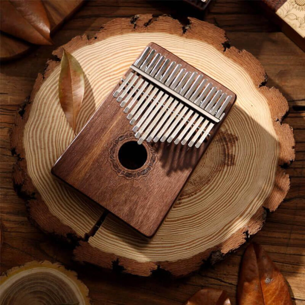 Wooden 17 Key Walnut Kalimba with Metal Tines and Round Sound Hole for C Tone Music
