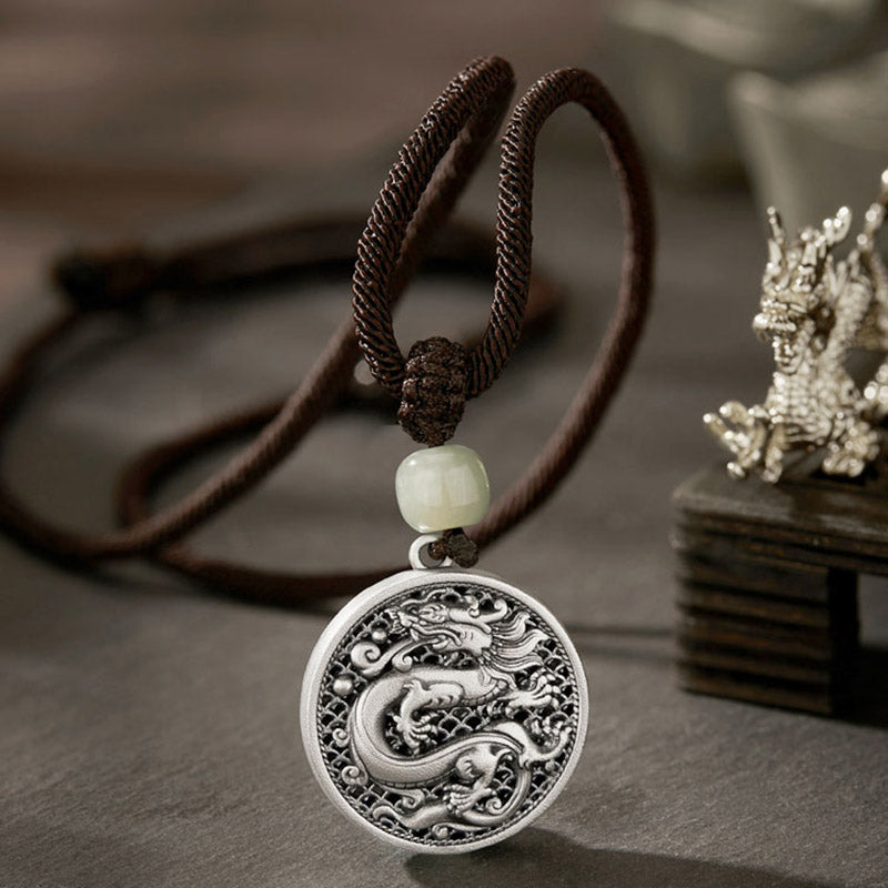 999 Sterling Silver Dragon Fu Character Hetian Jade Necklace