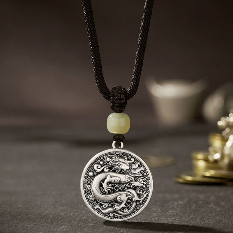 999 Sterling Silver Dragon Fu Character Hetian Jade Necklace