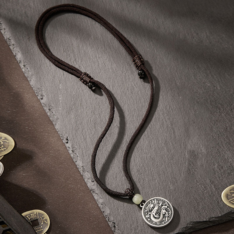 999 Sterling Silver Dragon Fu Character Hetian Jade Necklace