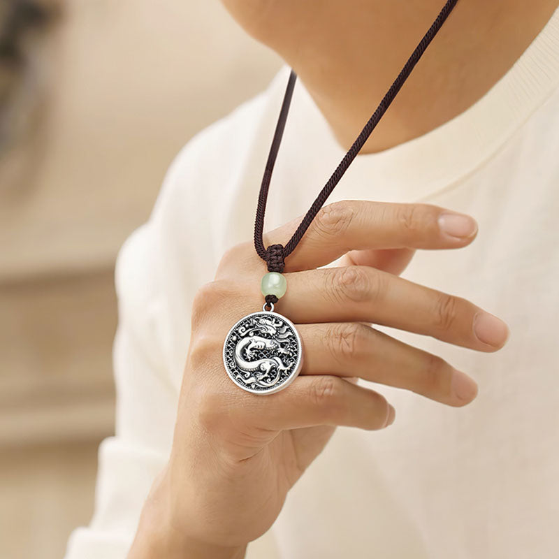 999 Sterling Silver Dragon Fu Character Hetian Jade Necklace
