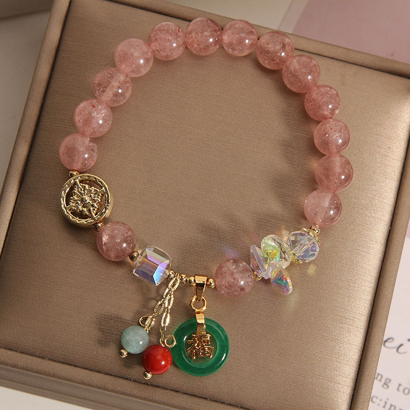 8mm Strawberry Quartz Jade Fu Charm Healing Bracelet