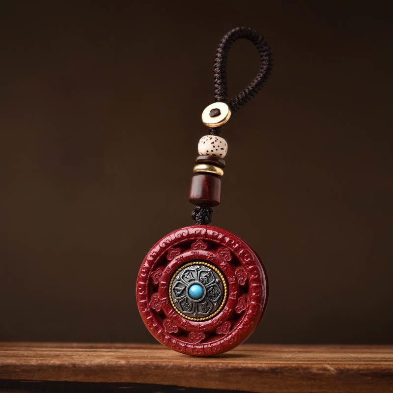 Cinnabar Om Mani Padme Hum Rotatable Pendant Necklace & Key Chain