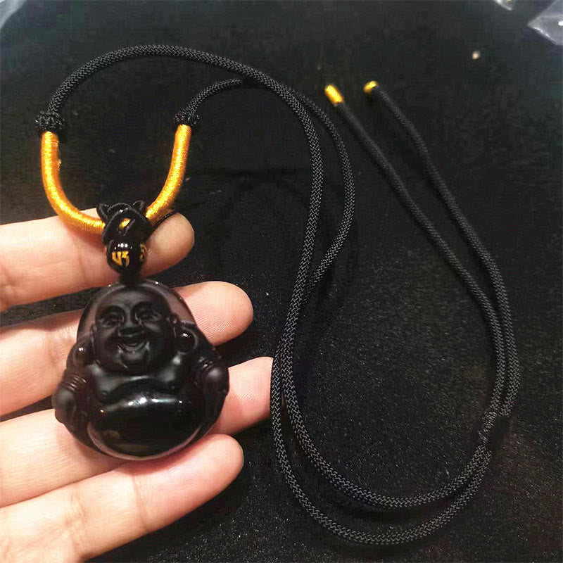 Black Obsidian Ice Obsidian Laughing Buddha Necklace | Purification