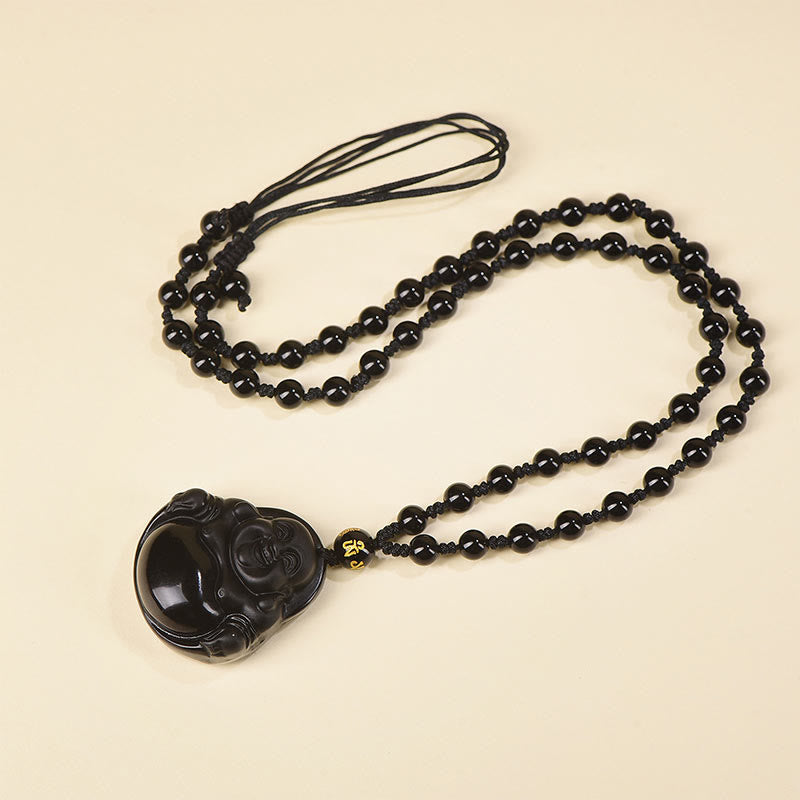Black Obsidian Ice Obsidian Laughing Buddha Necklace | Purification