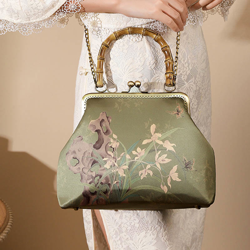 Green Plants Mountains Bamboo Handle Crossbody Bag in Green