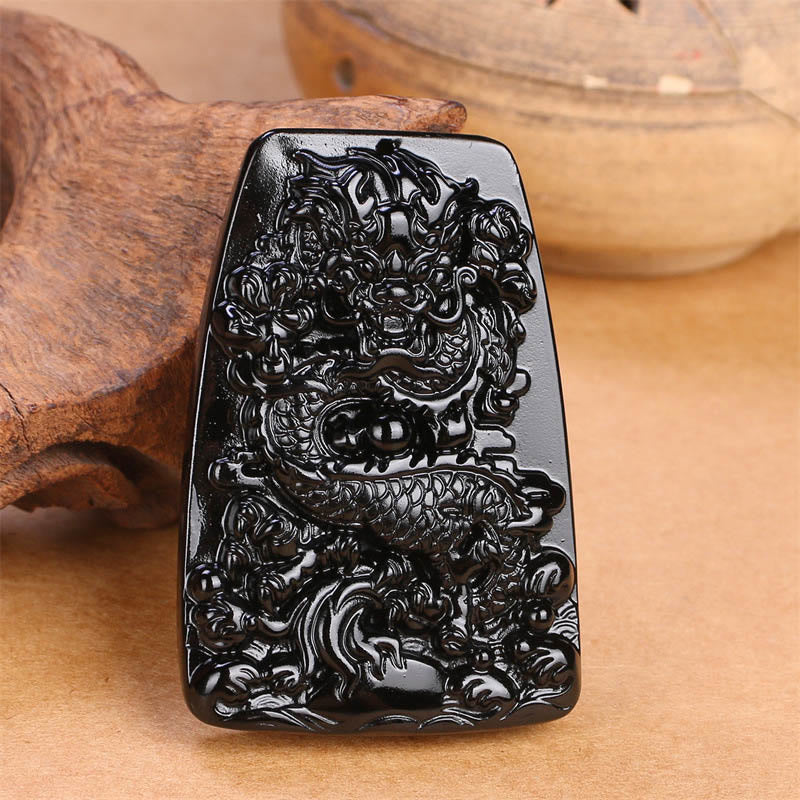 Black Obsidian Dragon Carved Necklace for Luck & Protection