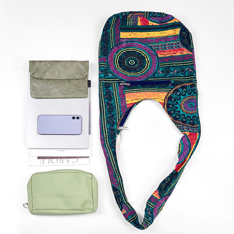 Cotton Crossbody Bag with Blue Flower Pattern for Spiritual Use