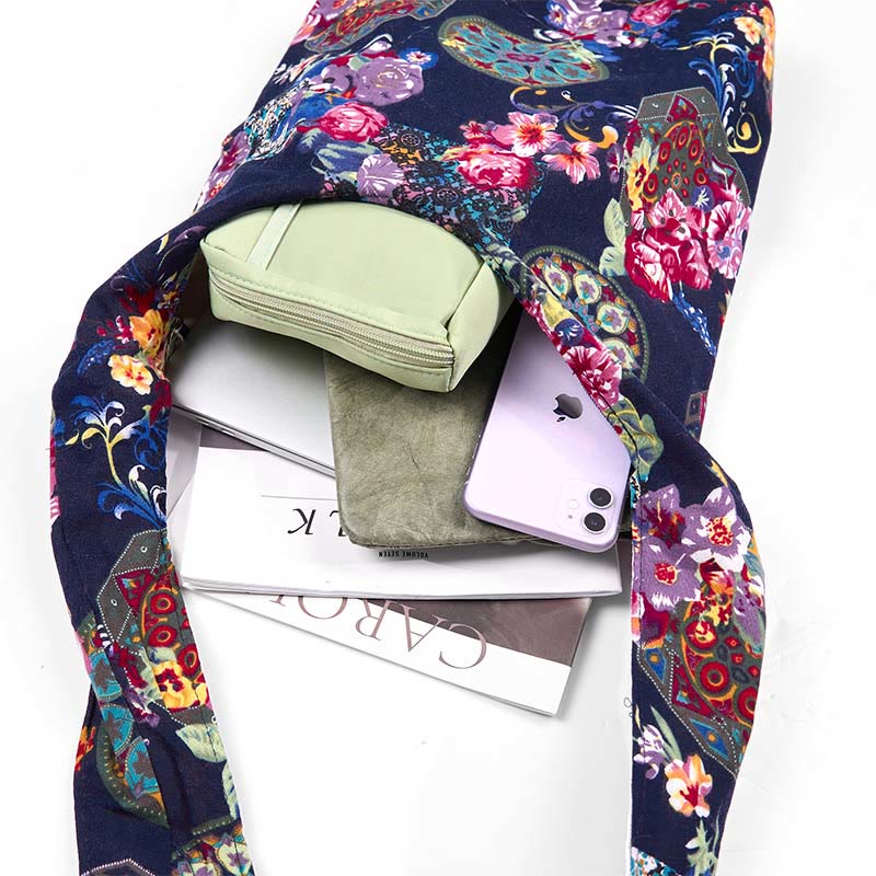 Navy Blue Cotton Flower Pattern Crossbody Bag Shoulder Purse