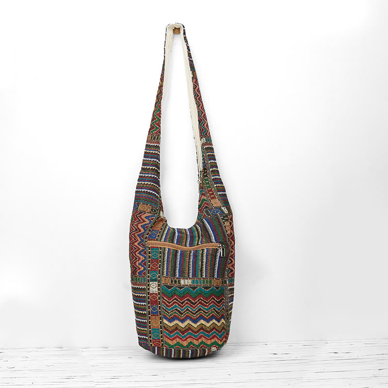 Green Brown Waves Cotton Crossbody Bag for Yoga & Daily Use