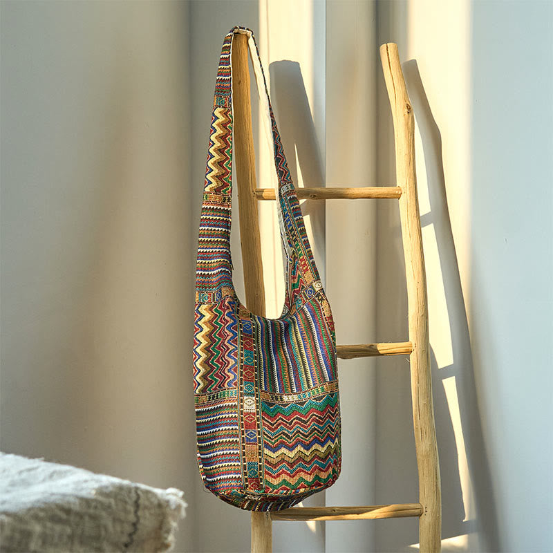 Green Brown Waves Cotton Crossbody Bag for Yoga & Daily Use