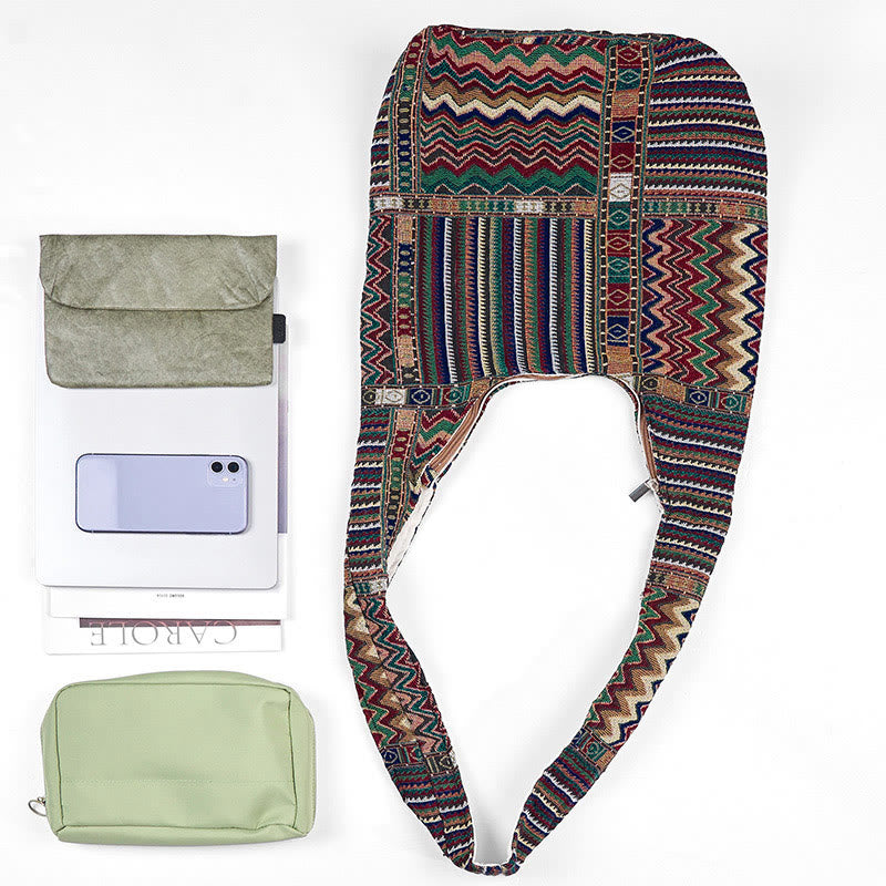 Green Brown Waves Cotton Crossbody Bag for Yoga & Daily Use