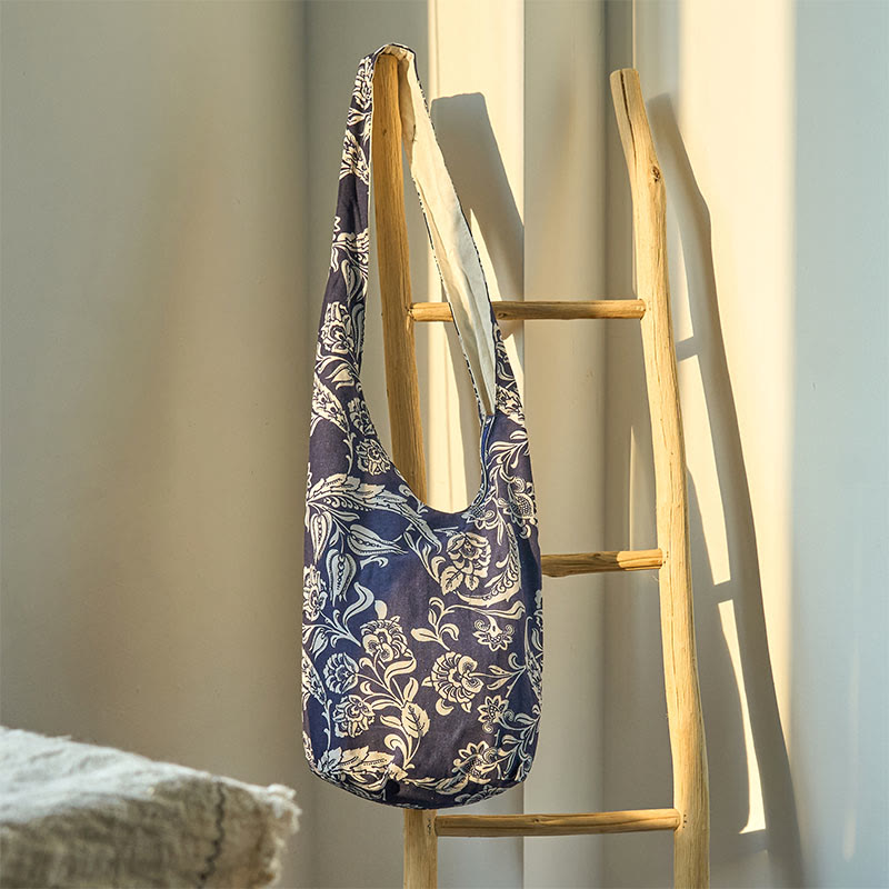 Navy Blue White Flower Cotton Crossbody Bag for Spiritual Accessories