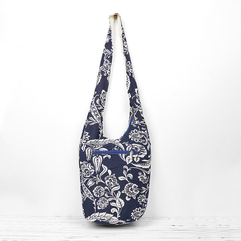 Navy Blue White Flower Cotton Crossbody Bag for Spiritual Accessories