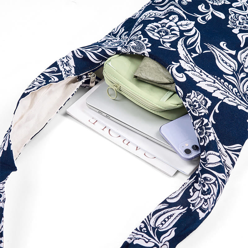 Navy Blue White Flower Cotton Crossbody Bag for Spiritual Accessories