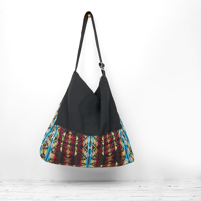 Cotton Crossbody Bag Black Red Blue Stripes Pattern