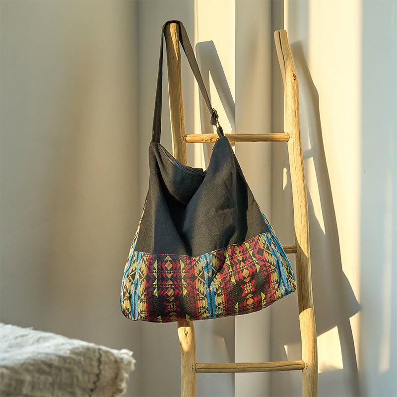 Cotton Crossbody Bag Black Red Blue Stripes Pattern