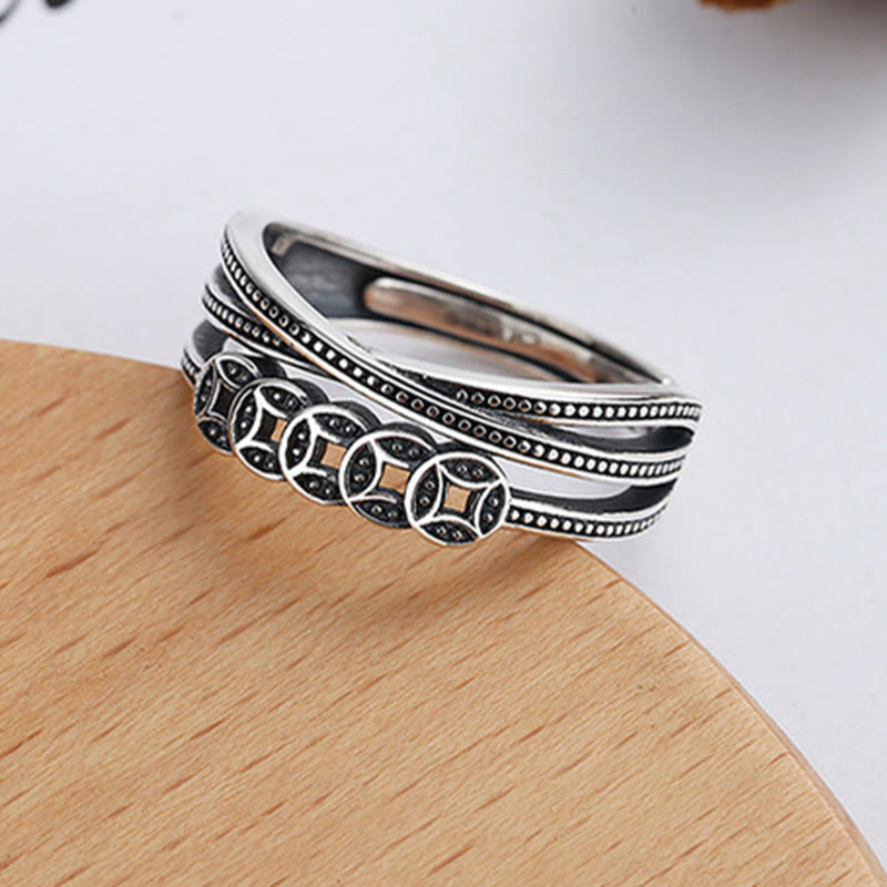 925 Sterling Silver Copper Coins Wealth Blessing Adjustable Spiritual Ring